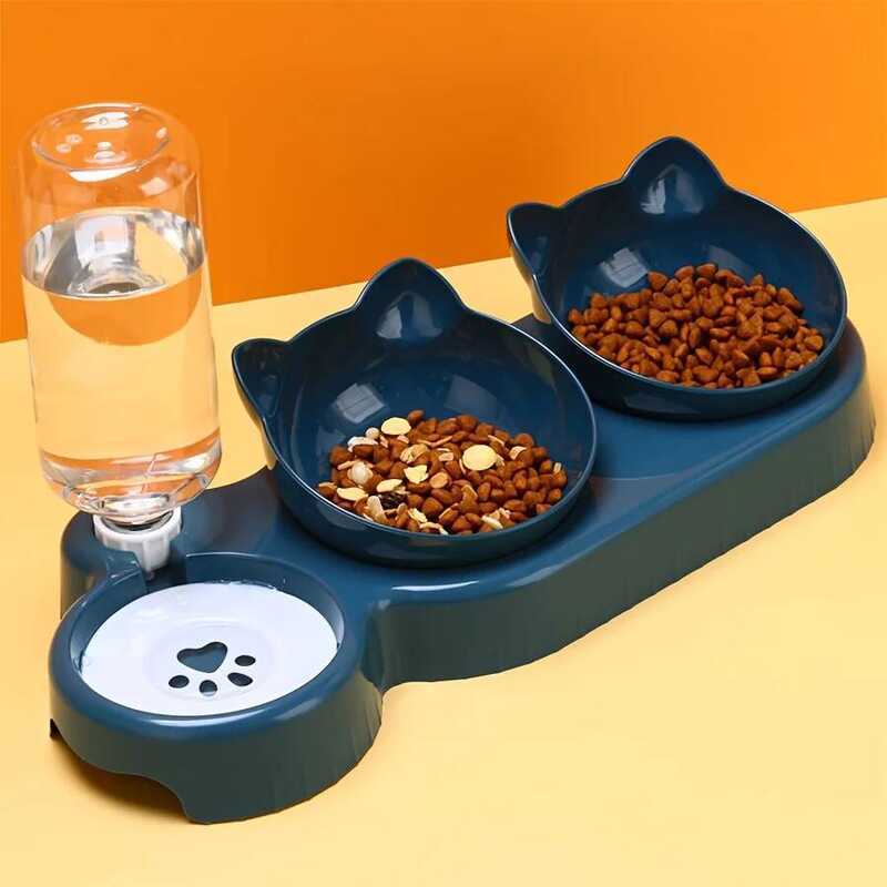 C Pet Bowls With Water , 3 In 1 Ear Design Tilted Cat Water And Food Bowl Set With Gravity Water Bo
