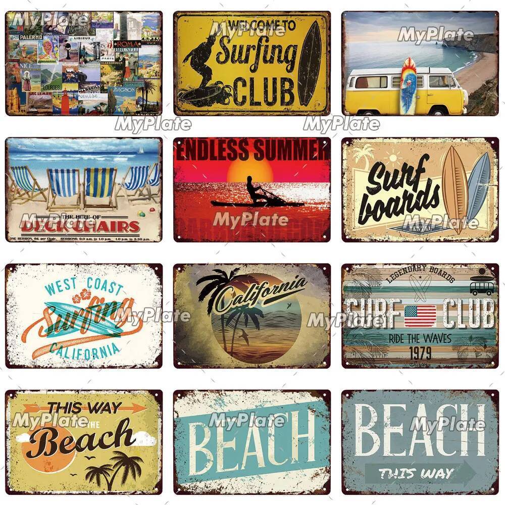 [จานของฉัน] ยินดีต้อนรับ BEACH ป้ายโลหะป้ายดีบุกตกแต่งบ้านแผ่นโลหะ Vintage Man Cave Pub Club Bar ตกแ