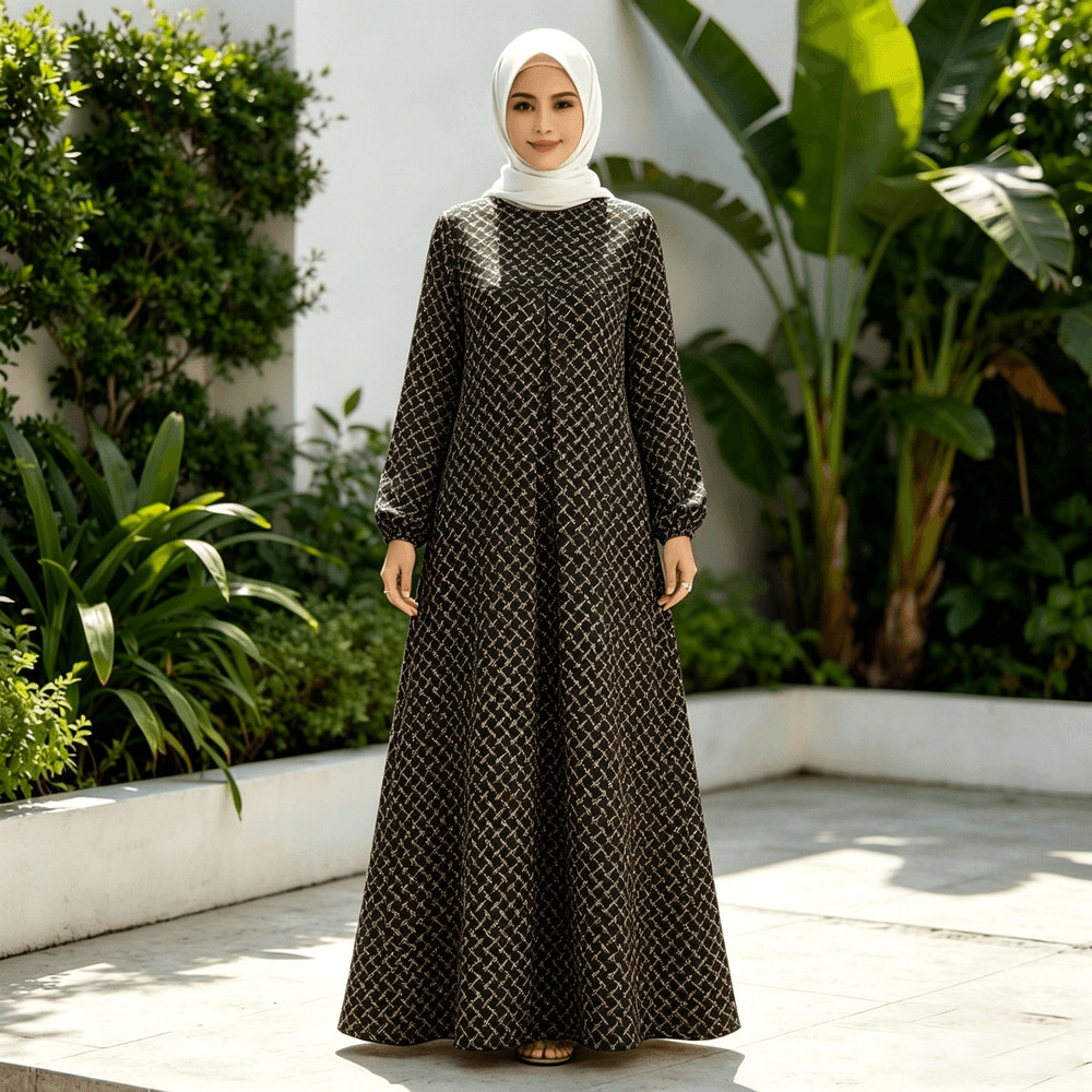 Baju Raya Muslimah Pink Corak Tradisional | Gaun Labuh Elegan, Sesuai Cuaca Panas Malaysia