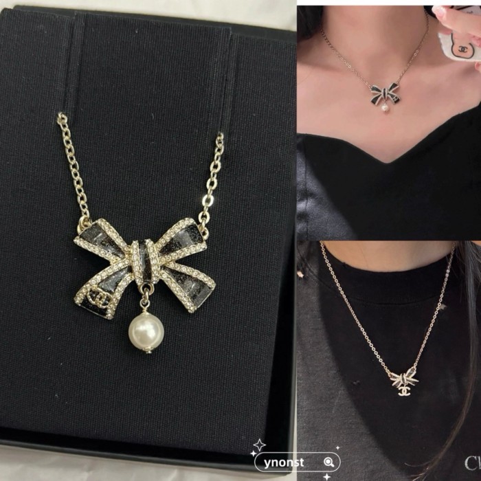 ของแท 25B Chanel สีดำโบว์เคลือบจี้ Rhinestone ปรับสร้อยคอสร้อยคอคอ