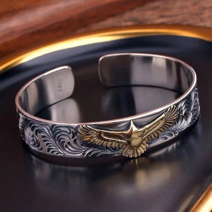 GOROS s925 Sterling Silver Seiko Bracelet Open Tang Grass Pattern Eagle Handmade Takahashi Goro