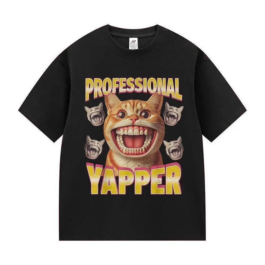 Professional Yapper แมวตลก เสื้อยืดแขนสั้นผ้าฝ้าย Vintage สไตล์Streetwear