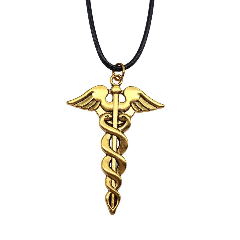Caduceus Medical Symbol จี้สร้อยคอหมอพยาบาลของขวัญ 45 ซม.โซ่หนัง