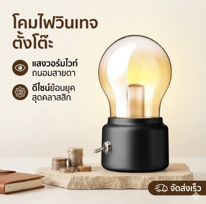 Vintage Retro หลอดไฟ LED Night Light USB ชาร์จแบบพกพาโต๊ะข้างเตียง Mood Decor โคมไฟ