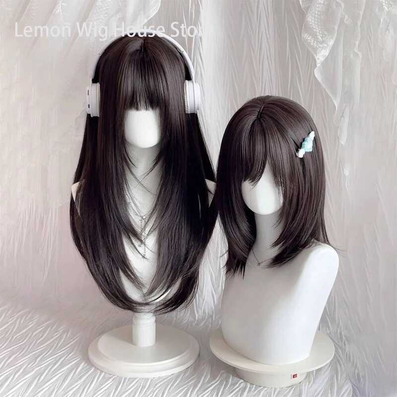 C Brown Black Synthetic Wig For Women Layered Wigs With Bangs High-Layered Medium-Length Straight H