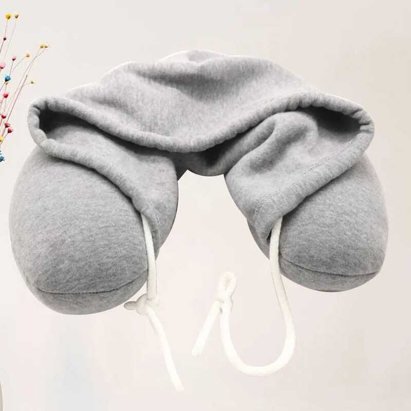 C 1Pc Memory U-Shaped Neck Pillow Hooded Travel Cushion For Airplane Car Office Bus Train Comfortab