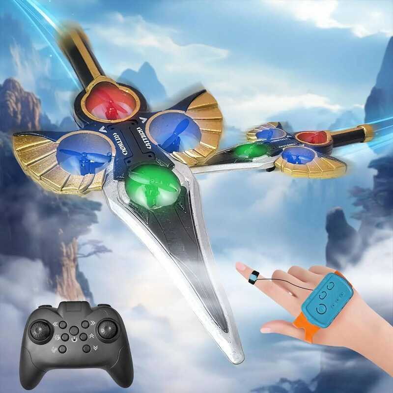 C RC Flying Sword 4-Axis Fighter With Gesture & Remote Control Mode, LED Lights 360° Stunt Flip, Ae