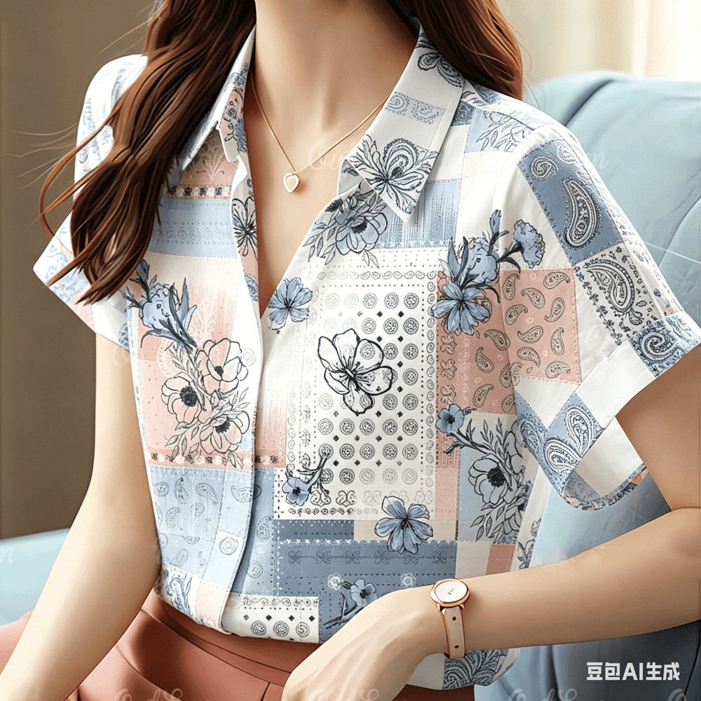 เสื้อเชิ้ตแขนสั้นพิมพ์ลายช้างสีฟ้าสําหรับผู้หญิงเสื้อติดกระดุมดอกไม้เขตร้อนซีเอส