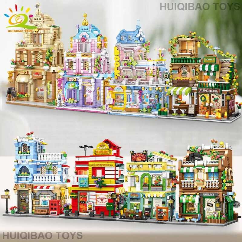 C HUIQIBAO Ciy Sree View Coffee Burger Shop Hoel Model Building Bloc DIY Archiecure Commercial Sree