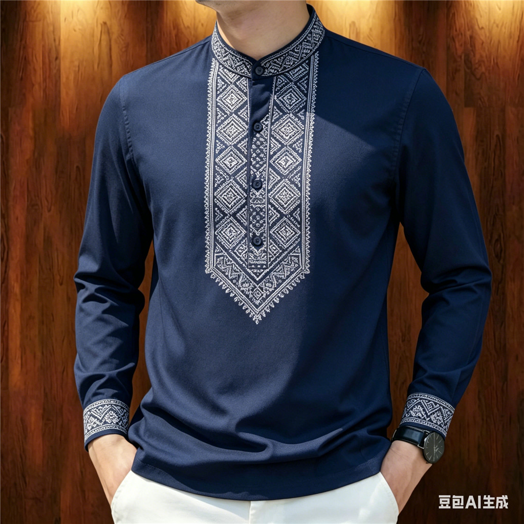 เสื้อเชิ้ตแขนยาวสีกรมชายคอตั้งดีไซน์ดั้งเดิม