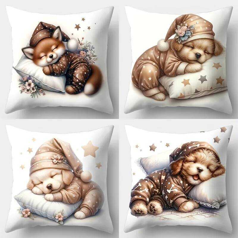 C 4-Piece Set, Sofa Pillowcases, Sleeping Puppy Design, Home Decor, Sofa Lumbar Cushion Covers, Pil