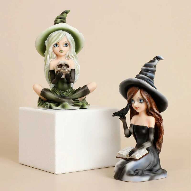 C Witch Fig With Owl Halloween Decor Cat Witch Statue Black Cat Statue Witch Home Decoration Fairy