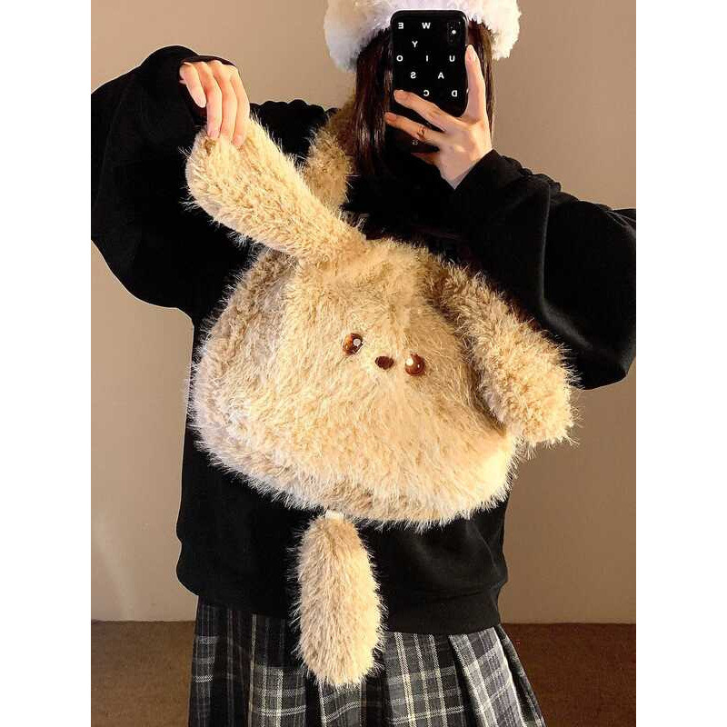 C Cute Doggy Plaid Plu Tote Women's Crossbody Lazy Sle Autumn Winter Student Soft Handle Korean Sle