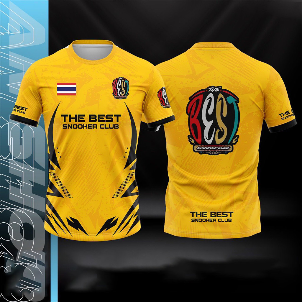 เสื้อโปโลสีเหลืองสดใสสําหรับเล่นสนุกเกอร์อิ่มโลโก้สีแดงเขี