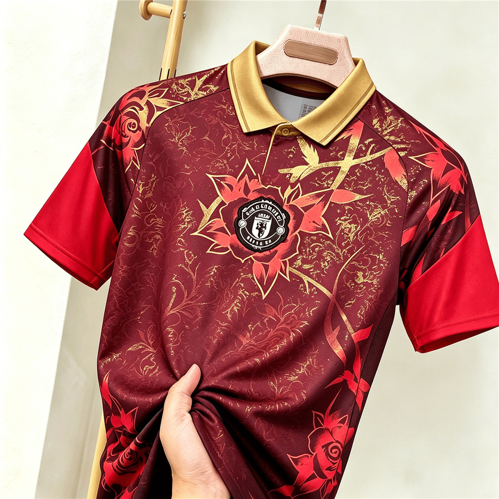 เสื้อฟุตบอลลายพิมพ์สีดำ สีแดง และลายดอกกุหลาบ พิมพ์ลายสโมสรฟุตบอล เสื้อพิมพ์สำหรับผู้ชาย