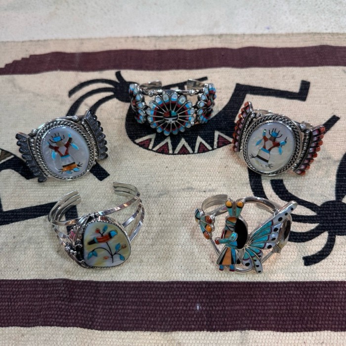 กำไลเงินแท้ 925 Zuni Inlay ฝังหินแท้ ลาย Kachina & Sunface