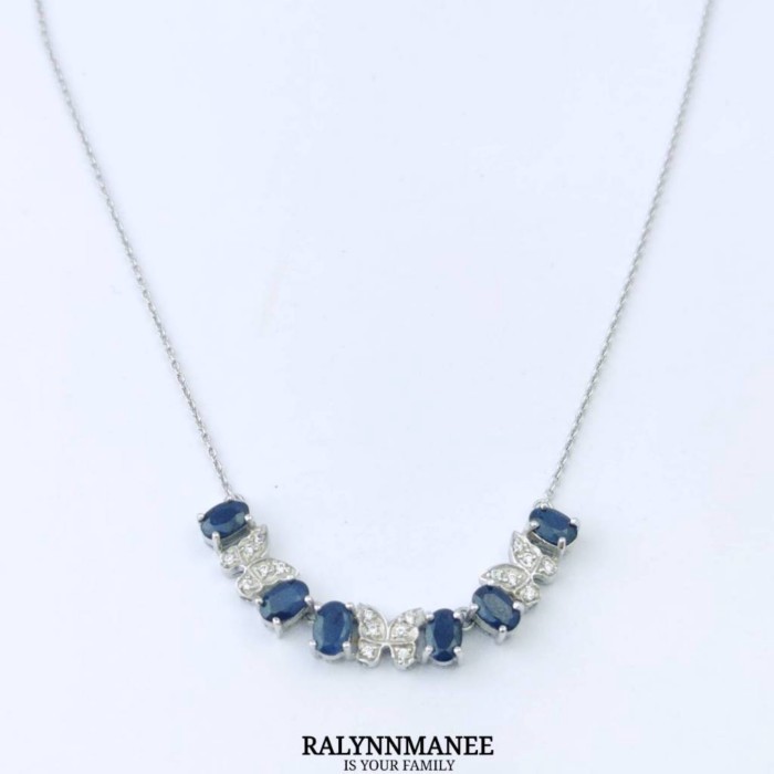 NK005 สร้อยคอพลอยไพลินแท้ ( Natural Blue Sap. ) ตัวเรือนเงินแท้ 925 ชุบทองคำขาว ยาว 18 - 20 นิ้ว