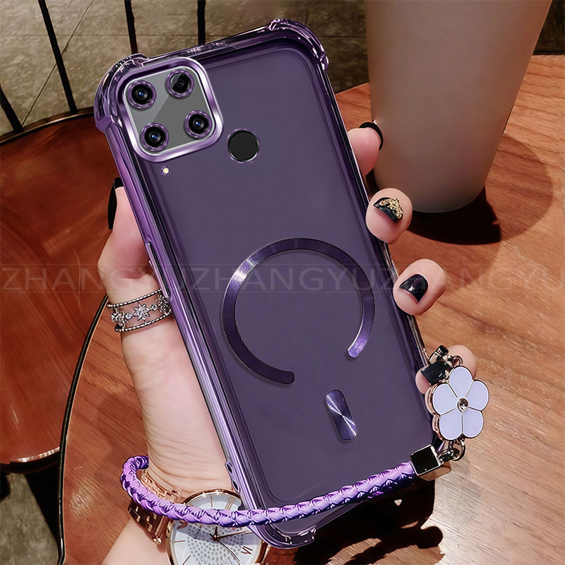 เคสสําหรับเคสโทรศัพท์Realme C15 ใหม่แม่เหล็กที่แข็งแกร่งชาร์จไร้สายC-แหวนสี่มุมกันกระแทกปลอกเชือกเส้