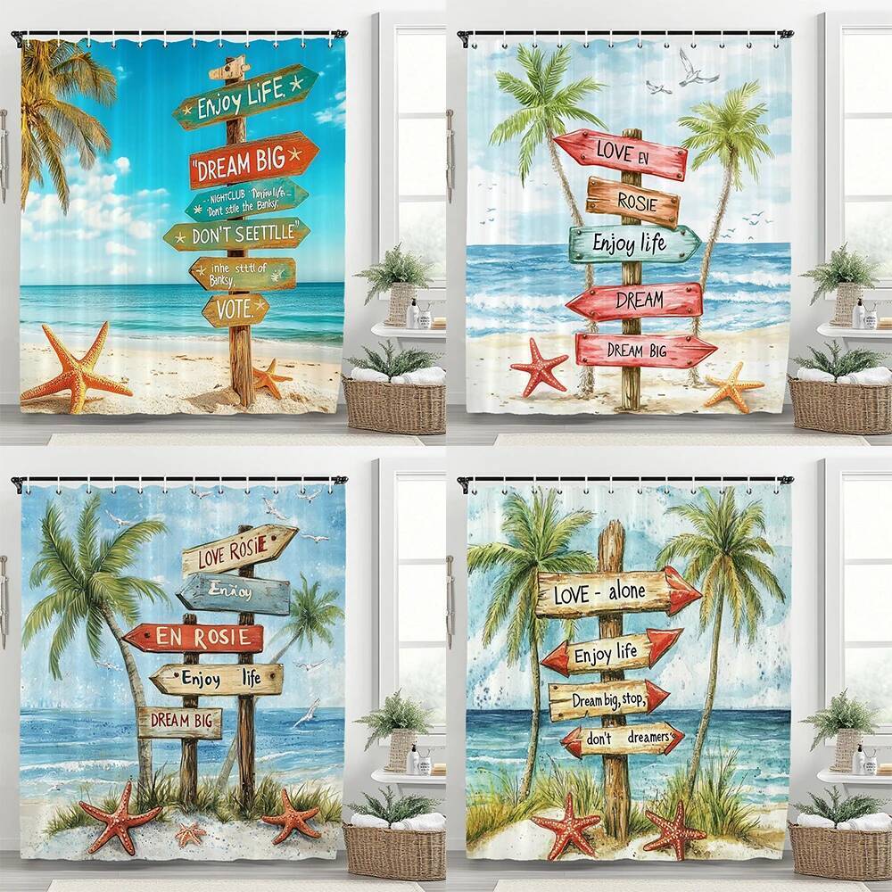 การ์ตูน Ocean Signage Coconut Tree Beach Scenery Shower Curtain, Bathroom Decorative Shower Curtain,