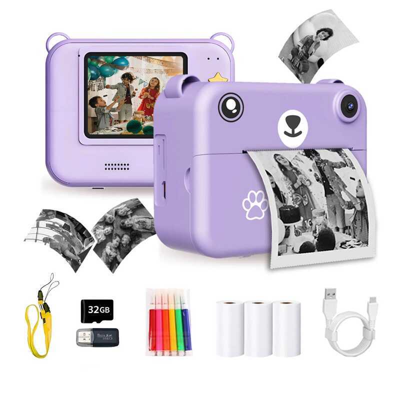 C Kid Camera Intant Print Toy Portable Small Camera With 32G Memory Card ,3 Roll Printing Paper, Gi