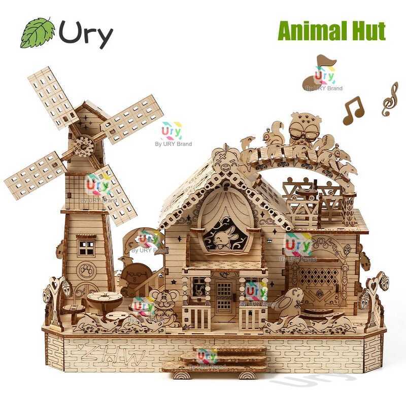 C Rotatable DIY 3D Wooden Music Box Puzzles Electric Zoo Animals Hut House Model Nical Kits Decor T