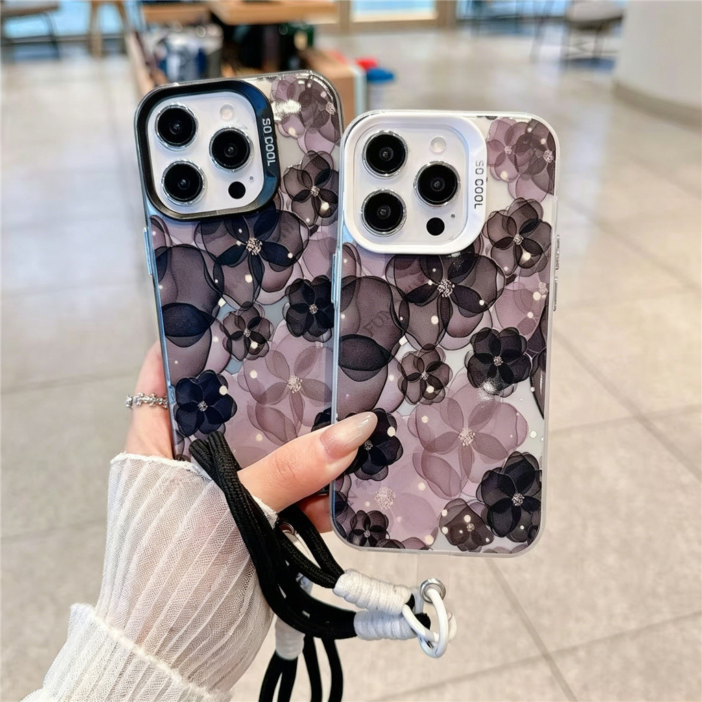 สีดําดอกไม้ความงามเคสโทรศัพท์สําหรับiPhone 13 11 12 Pro Max X Xs Max Xr 7 8 Plus