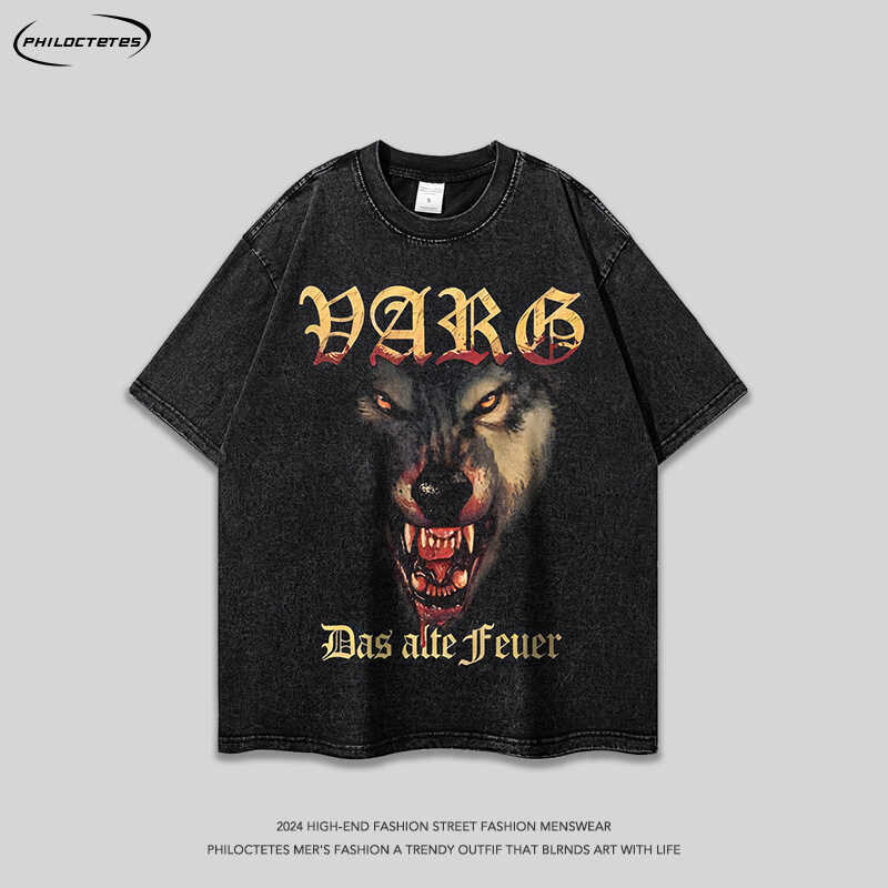 American Hip Hop Street Street Wear Spoof Wolf Print Small Neckline Heavy Distressed Washing Short-S
