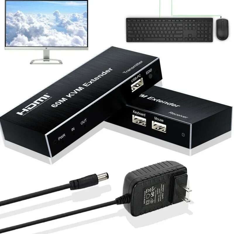 60M HDMI KVM Extender Over Cat5e/6 Rj45 สายอีเธอร์เน็ต HDMI KVM สวิทช์รองรับ USB เมาส์คีย์บอร์ด Loop