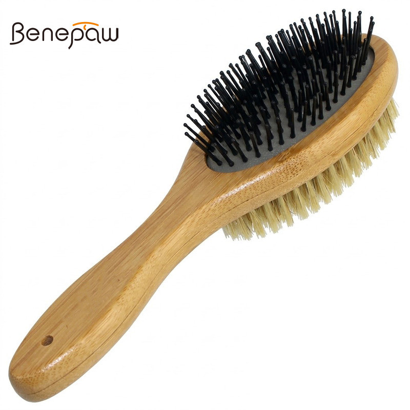 Benepaw 2 in 1 Pet Grooming Brush Double Sided Pin Bristle Air Cushion Massage for Dogs Cats All Coat Types Bamboo Handle