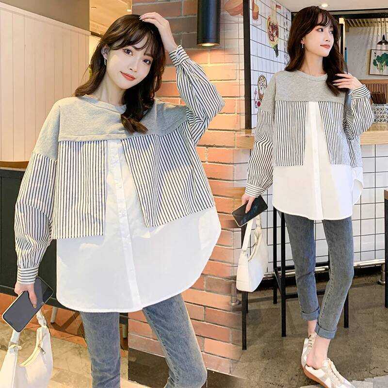▥ Sweet Autumn Pregnant Woman Shirts Striped Patchwork Faux Two Pieces Clothes Side Split Mater