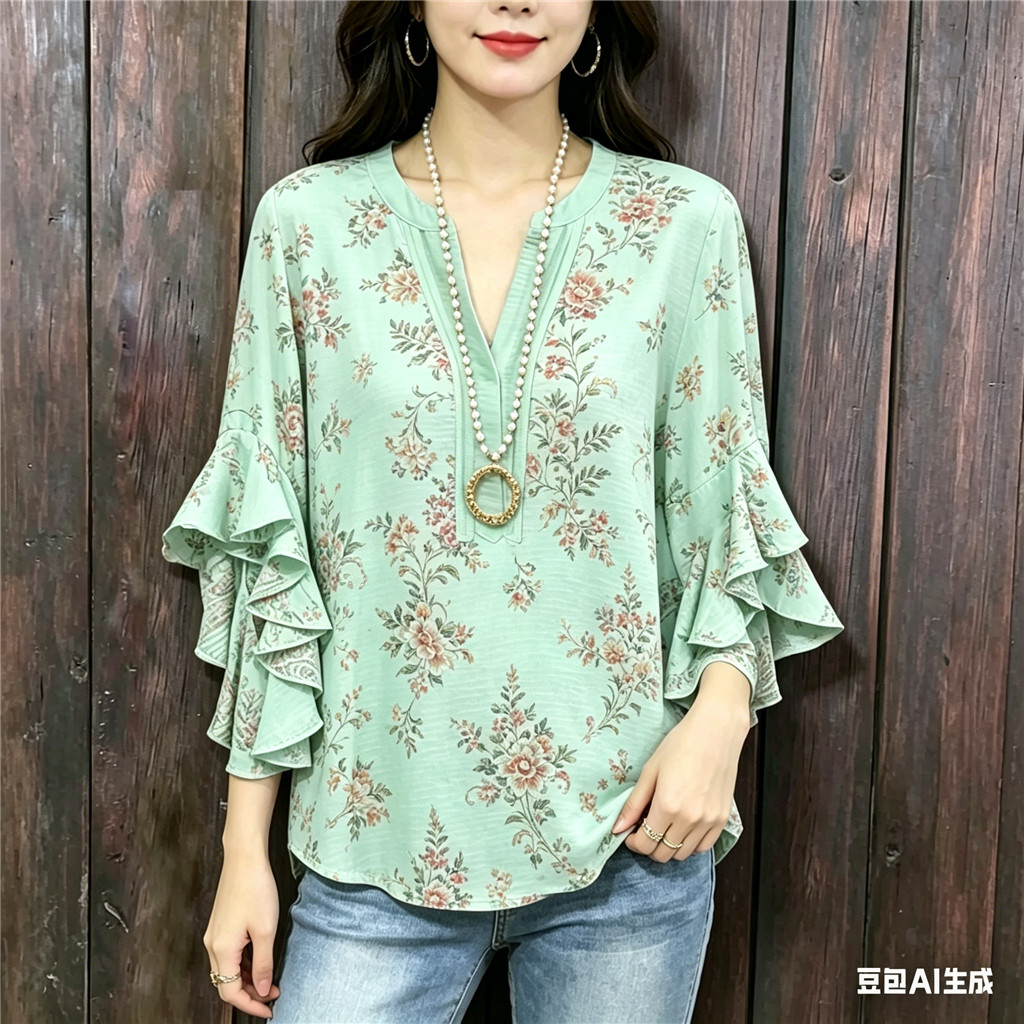 เสื้อเบลาส์คอวีพิมพ์ลายดอกไม้สีเขียวมิ้นต์สําหรับผู้หญิง