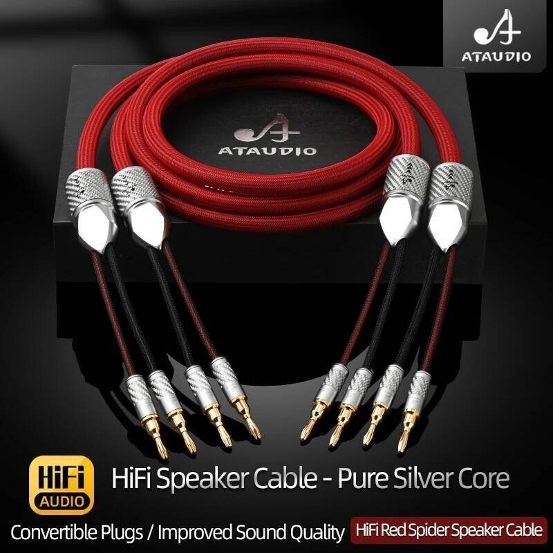 ATAUDIO 6N สายลําโพงไฮไฟเงินแท้พร้อมชุบทองเปิดประทุนกล้วยจอบปลั๊ก Y Professional HiFi Audio สายลําโพ