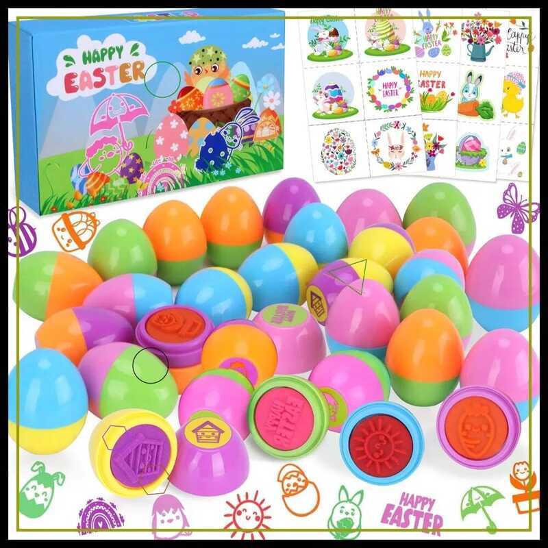C 24 Pack Preed Easter Eggs With Toys, Stamps & Tattoos For Egg Hunt, Party Favors