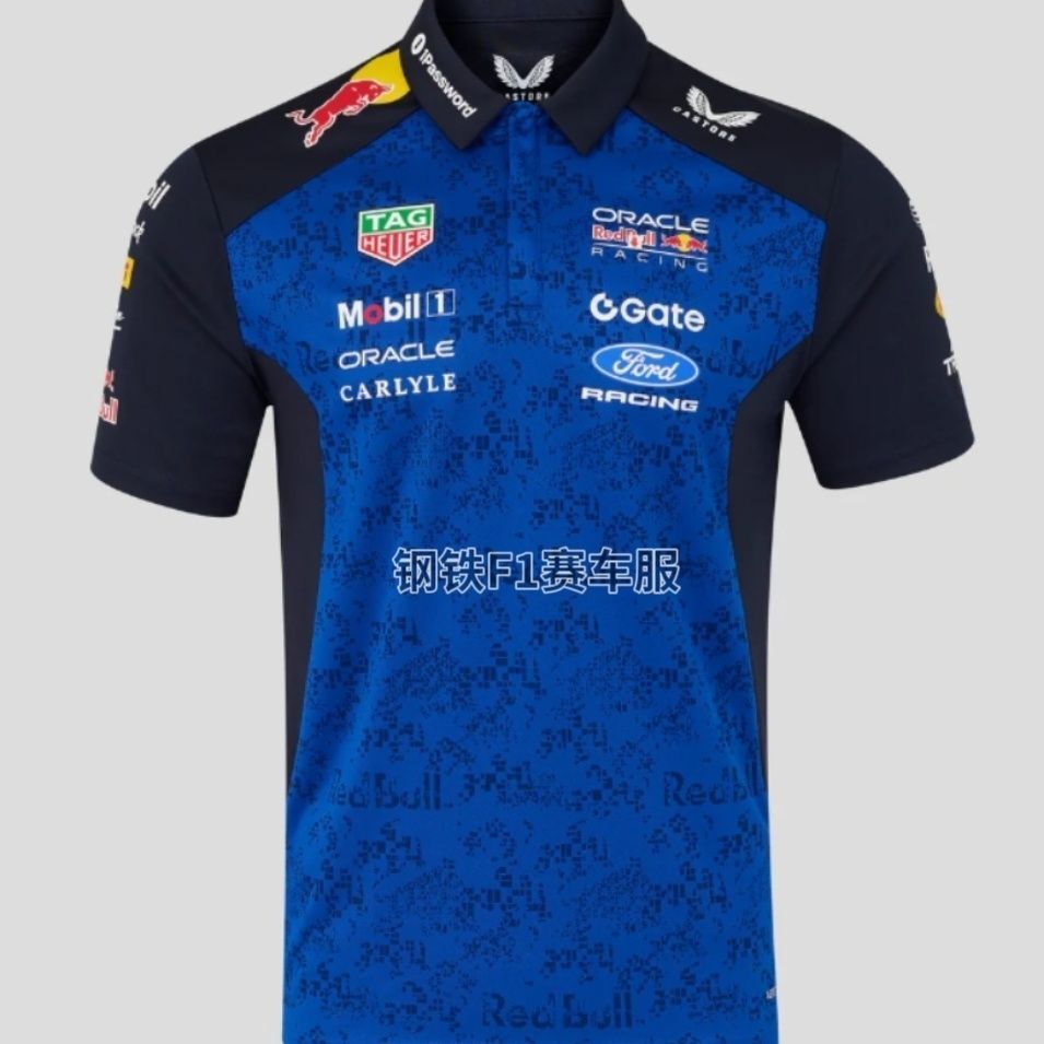 2026F1 Red Bull สไตล์ชุดแข่งเสื้อโปโล Breathable Quick-Drying ผ้าสีฟ้ารูปแบบดิจิตอลสบายๆกีฬาเสื้อยืด