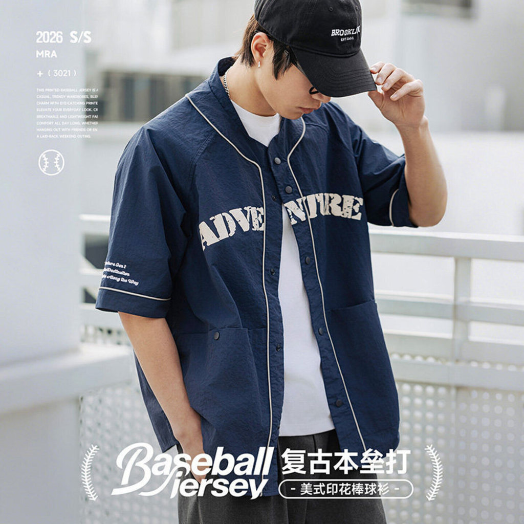 MRA เสื้อแจ็กเก็ตแขนสั้นสไตล์อเมริกัน คอปก ชิ้นสั้น ลายตัวอักษรกราฟิก แฟชั่นฤดูร้อน