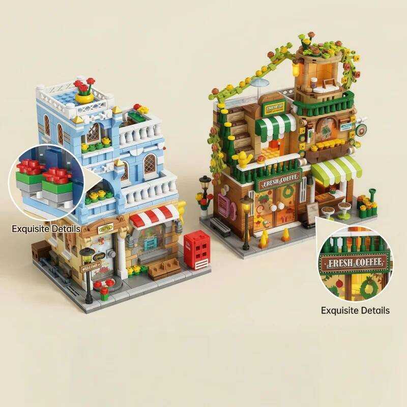 C Street View Building Block Set Of Coffee Shops And Hotels, Creative Urban House Model Kit, Collec