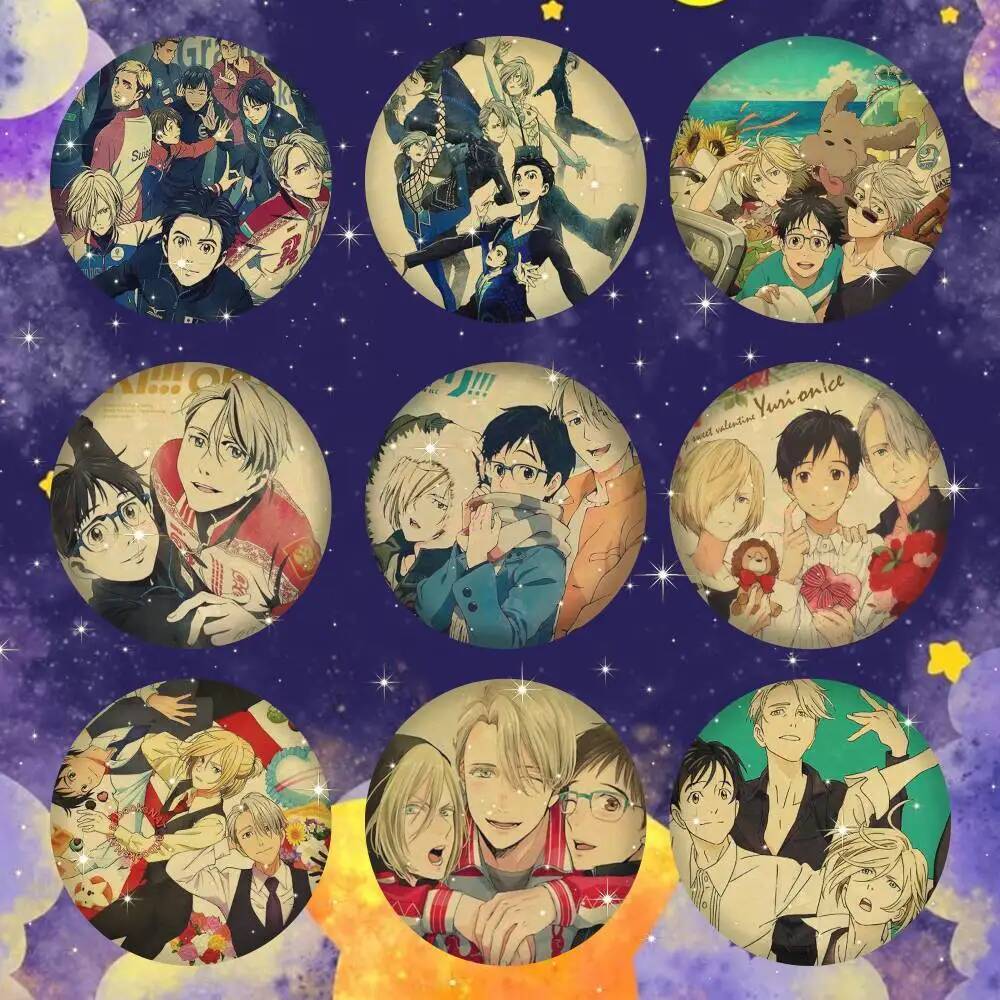 Y-Yuri On Ice Anime Snap-in Pins ตัวการ์ตูนรอบ Creative เข็มกลัดสําหรับกระเป๋าเป้สะพายหลังอุปกรณ์เสร