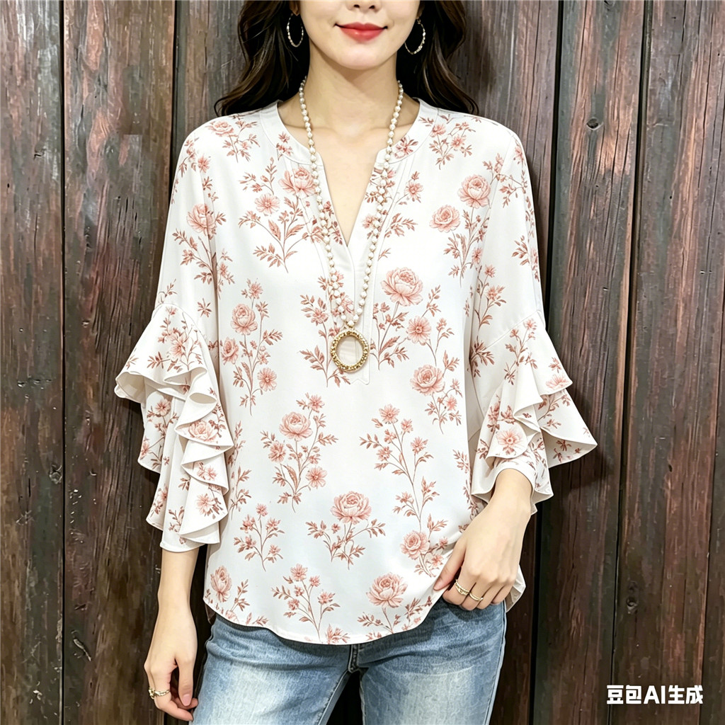 เสื้อเบลาส์ลายดอกไม้คอวีผู้หญิง-เสื้อเชิ้ตแขนระบายน้ําหนักเบา