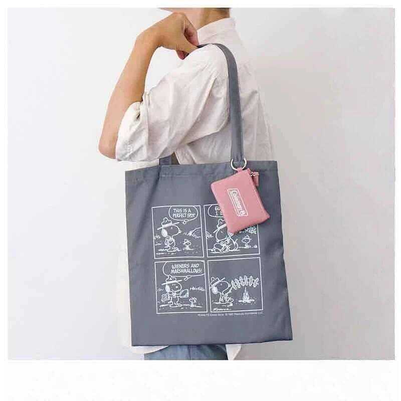 C Canvas Shoulder Tote With Mini Card Pouch Earphone Pouch School Book Carrier Casual Commute