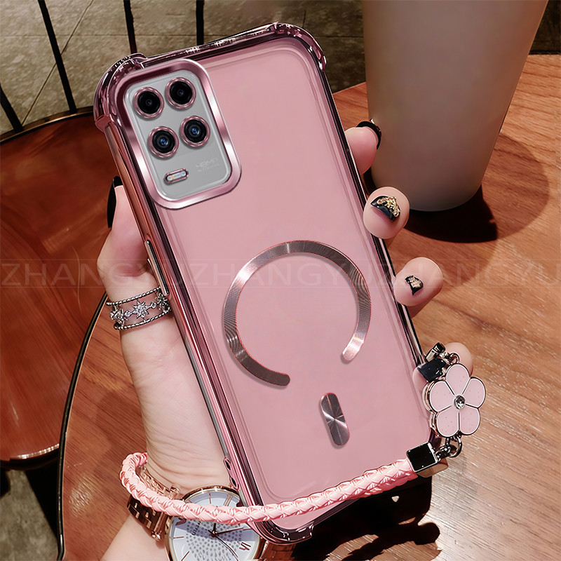 เหมาะสําหรับRealme 8 8s 5Gเคสโทรศัพท์ใหม่แม่เหล็กชาร์จไร้สายC-แหวนสี่มุมกันกระแทกเคสโทรศัพท์เชือกเส้
