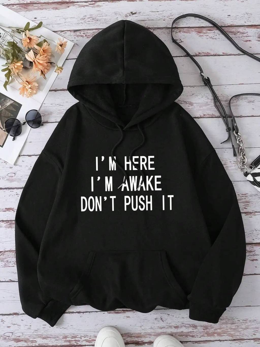 2026 ฤดูใบไม้ร่วงฤดูหนาว INAWLY สโลแกนกราฟิกกระเป๋า Drawstring Thermal Hoodie IM HERE IM AWAKE DONT 