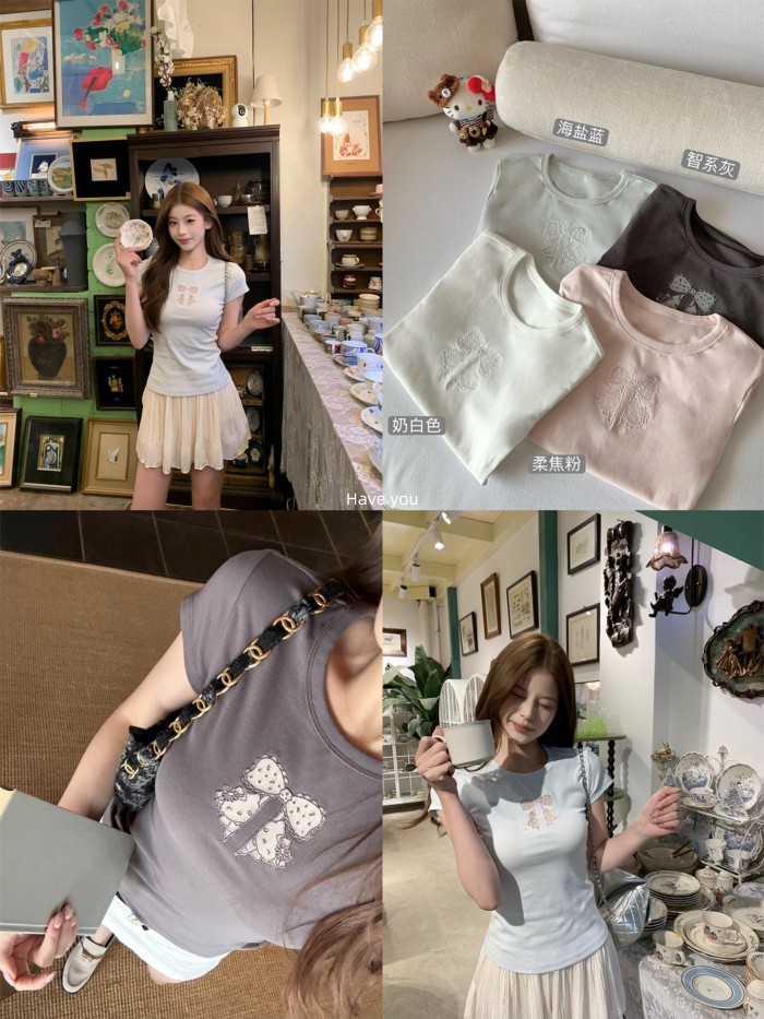 Have you KT Bow Slim-fit/Loose Stretch T-Shirt 4 สี All-Match Short Sleeve