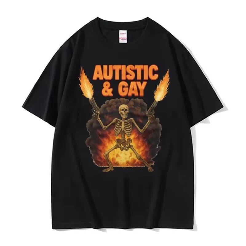 Autistic & Gay Skeleton ระเบิดเสื้อยืดตลก Unhinged Meme เสื้อยืดผู้ชายผู้หญิง Vintage Gothic คลาสสิก