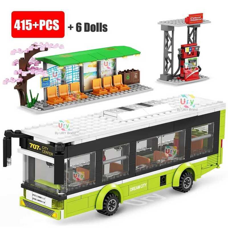 C City Traffic Car Green Blue Passenger Bus Station Single-Deck Public Set Figures Model Building B