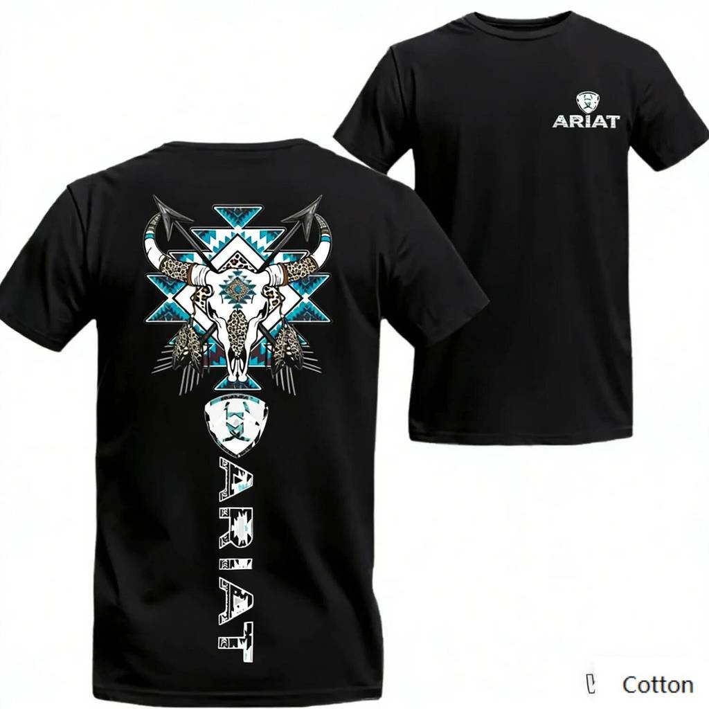 Ariat Native American Bull Skull Double Sided Graphic T Shirt, Cotton 100% Unisex, Western Cowboy
