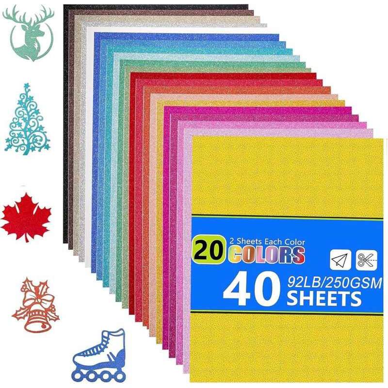 C A4 Glitter Cardstock 40 Sheets 20 Colors，8.27 X 11.73 In Paper Cardstock, No-Shed Sparkly Glitter