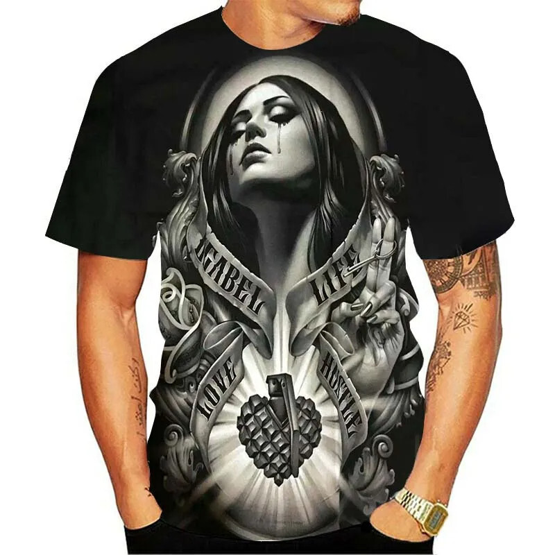 3D เสื้อยืดผู้ชาย Skull Beauty รูปแบบพิมพ์แขนสั้นเสื้อยืด Y2k แนวโน้ม Harajuku Hip Hop ขนาดใหญ่ Stre