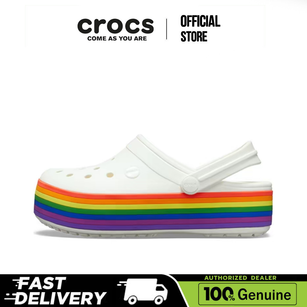 【100% Genuine】Crocs Crocband Platform Rainbow for women White rainbow color sandals
