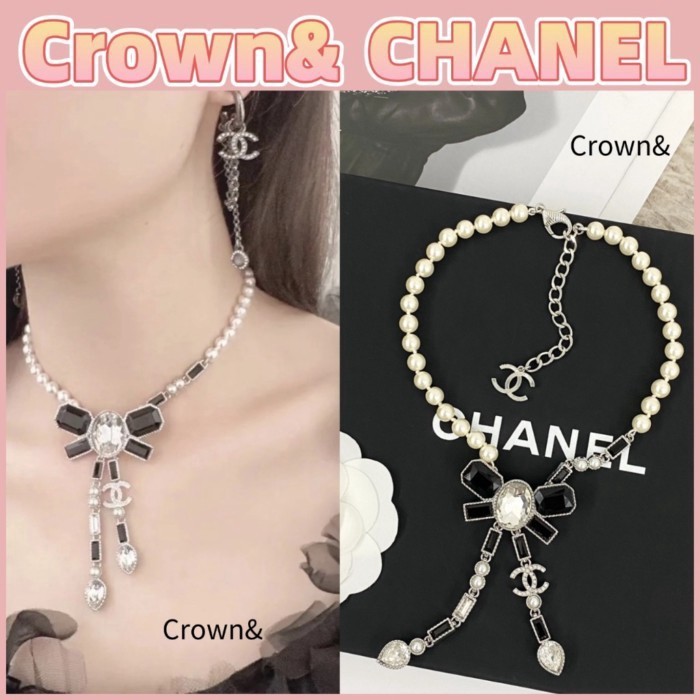 สินค้าใหม่เอี่ยมของแท้ 100%/CHANEL (23k Autumn Series) CC สร้อยคอโบว์คริสตัลสำหรับผู้หญิง