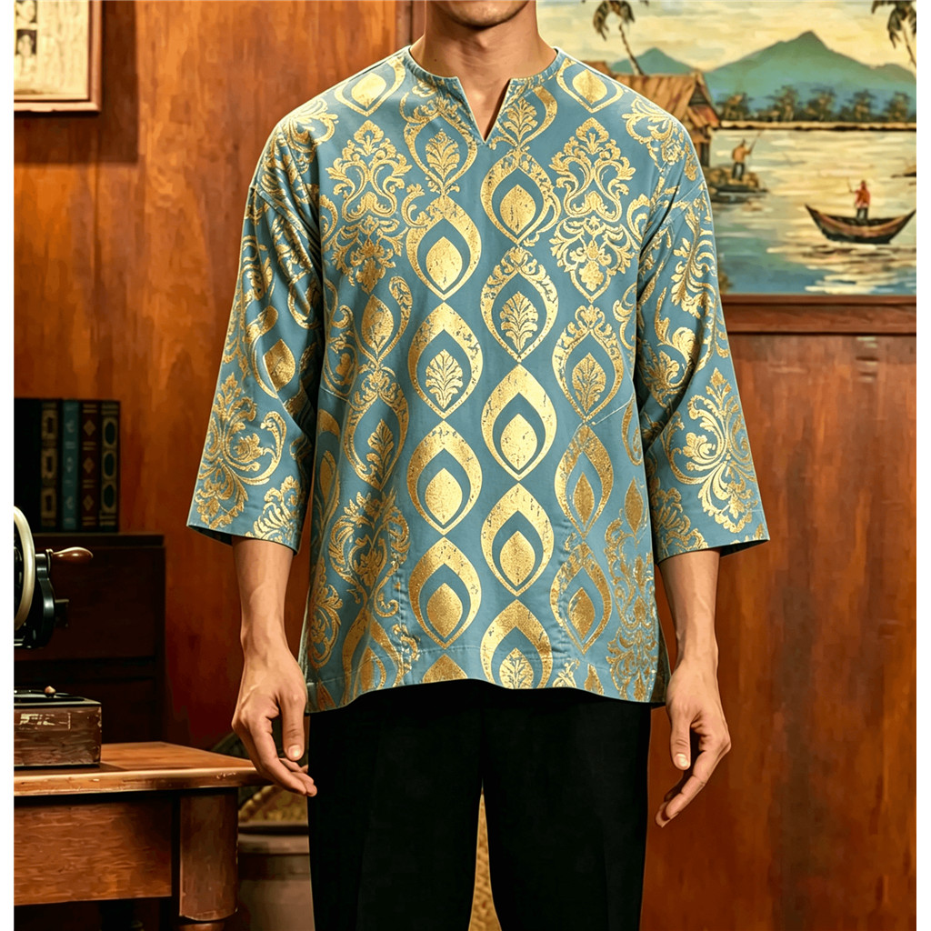 ผู้ชาย ออร์เนต โกลด์บาติกพิมพ์คุรตะ,แขนสามส่วนคอวีหลวมชาติพันธุ์เสื้อลําลองสําหรับฤดูร้อน